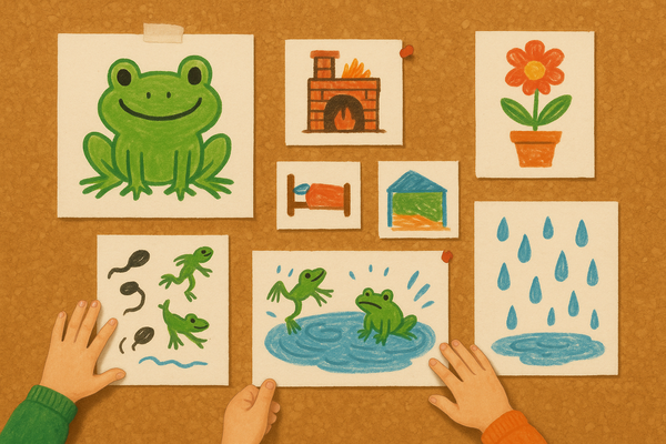 Dibujos infantiles sobre cartelera de corcho vinculados al Poema El Sapito Glo Glo Glo y a la indagación científica del mundo de los sapos