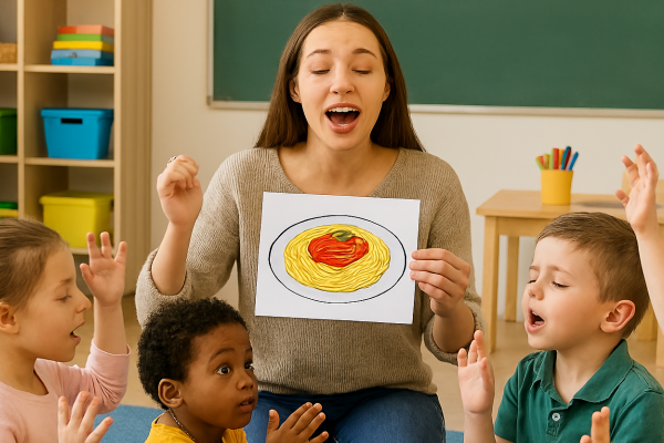 maestra muestra imagen de plato de fideos