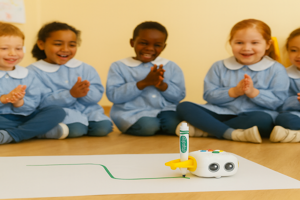Imagen de niños jugando con el robot, el cual está dibujando