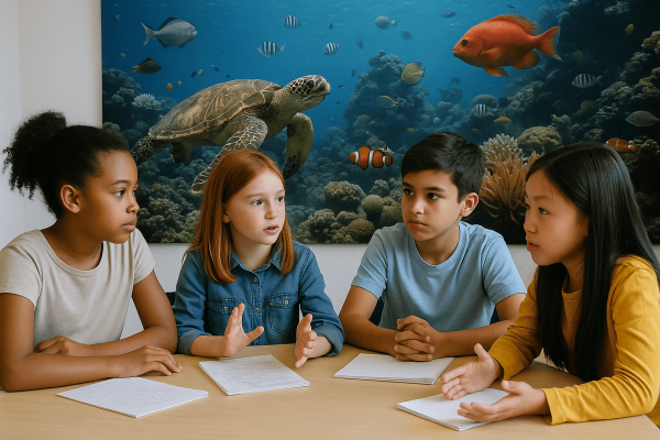 Niños y niñas debatiendo con sus notas como apoyo y el fondo del mar con animales a sus espaldas.