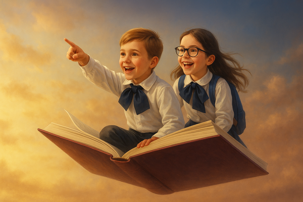 Niña y niño con túnica y moña volando sobre un libro 