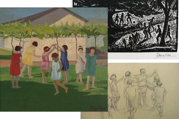 Imagen de tres obras pictóricas de Petrona Viera: Ronda, Recreo y Niños Jugando