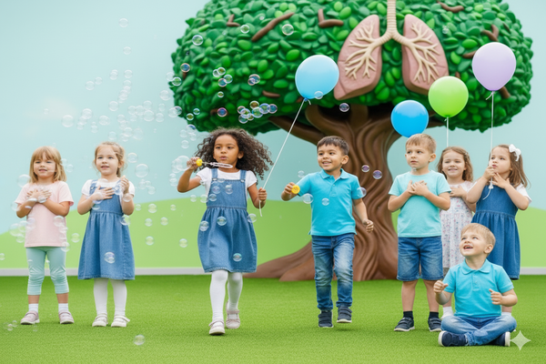 Niñas y niños soplando burbujas con globos, sintiendo su respiración con la mano en el pecho. Un árbol detrás con pulmones en sus ramas.