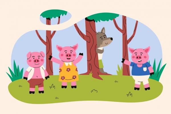 Los tres chanchitos saludando y el lobo los mira detrás de un árbol