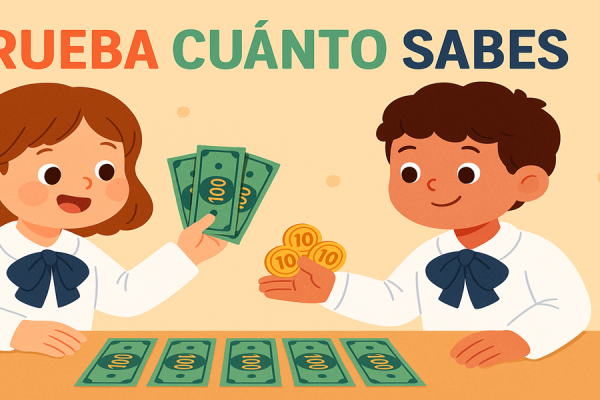 imagen de dos escolares jugando con billetes de 100 y monedas de 10
