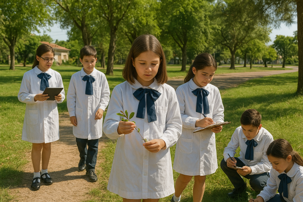 Niñas y niños de túnica y moña caminando en un entorno natural explorando la naturaleza, y tomando registros