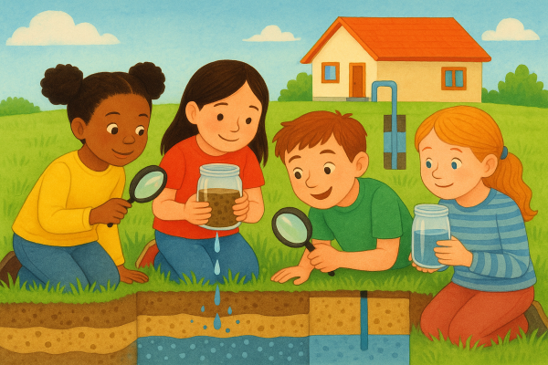 Niños y niñas explorando acuíferos