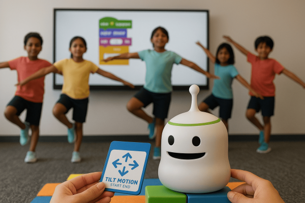 En el primer plano, manos infantiles inclinan suavemente un robot True True de color blanco, que tiene insertada la tarjeta Tilt (sensor de inclinación) en su 'boca'. Líneas curvas y sutiles ondas visuales emanan del robot, simbolizando que está detectando el movimiento (acelerómetro) y activando la programación secuencial. En el plano posterior, se ven siluetas de cuatro niños de edad preescolar y escolar inicial (3-5 años) en un aula lúdica. Están realizando activamente posturas de equilibrio.
