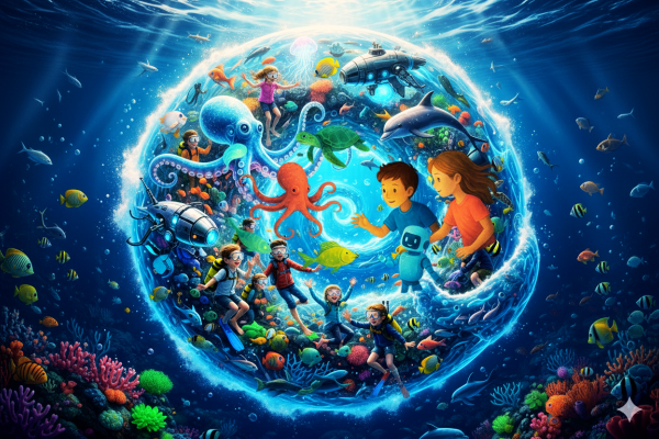 Niños y niñas debajo del océano junto con diferentes animales submarinos