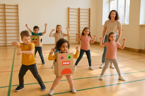 Niños y niñas bailando disfrazados como robots