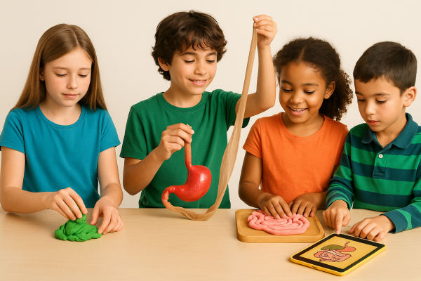 Niños y niñas experimentando con simuladores de órganos del sistema digestivo y tablet.