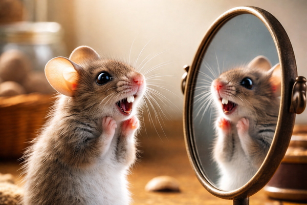 Ratón sorprendido ante su reflejo en el espejo
