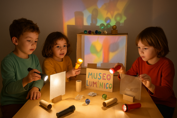 Niñas y niños jugando con linternas con colores proyectando luces de colores.