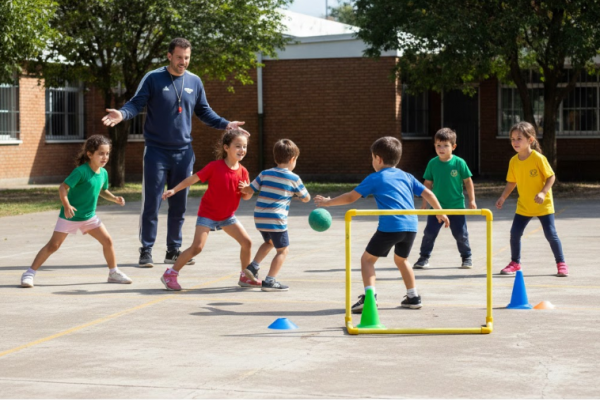 clase de Educación Física en una escuela pública uruguaya de nivel primaria. Niños y niñas de 6 a 8 años practican hándbol en el patio escolar. Se observa una situación de juego reducido 3 vs 3 con oposición moderada: un niño con balón decide si pasar o lanzar mientras un compañero se desmarca y un defensor intenta interceptar sin contacto físico.  El docente observa y orienta desde un costado. Hay conos delimitando la cancha y un arco pequeño hecho con conos. 