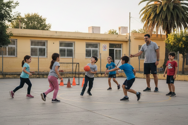 clase de Educación Física en una escuela pública uruguaya de nivel primaria. Niños y niñas de 6 a 8 años practican hándbol en el patio escolar. Se observa una situación de juego reducido 3 vs 3 con oposición moderada: un niño con balón decide si pasar o lanzar mientras un compañero se desmarca y un defensor intenta interceptar sin contacto físico.  El docente observa y orienta desde un costado. Hay conos delimitando la cancha y un arco pequeño hecho con conos. 