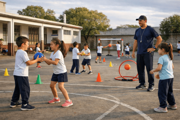 Niños y niñas de primaria participan en una clase de Educación Física en el patio escolar. En primer plano, dos estudiantes se pasan una pelota azul mientras el docente observa. Al fondo, otros compañeros realizan actividades con conos y un arco pequeño de hándbol.