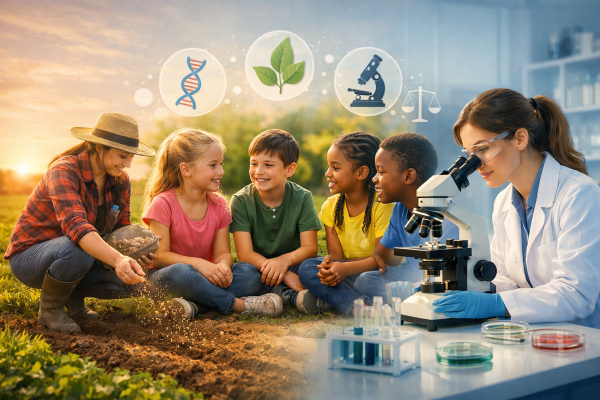 Agricultora sembrando semillas en un campo verde. Una científica trabajando con microscopio en un laboratorio. Generada por IA disponible en: https://flic.kr/p/2rYgCNq