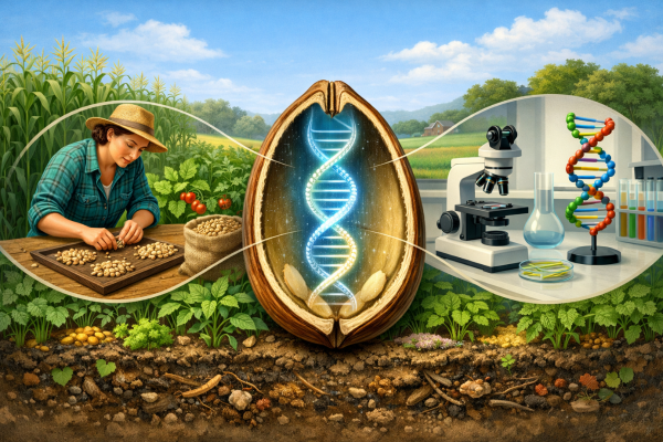 agricultora seleccionando semillas sobre una mesa de madera (selección tradicional).  A la derecha: laboratorio sencillo con microscopio y modelo de ADN, representación de incorporación genética (transgénico), sin elementos futuristas exagerados.  En el fondo: cultivo diverso con plantas asociadas y suelo visible con compost, representando mejora ambiental sin modificación genética.