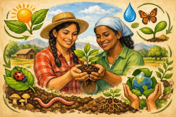 Agricultoras tomando con sus manos juntas una planta con tierra. Alrededor elementos de ecosistema: sol, insectos, agua.