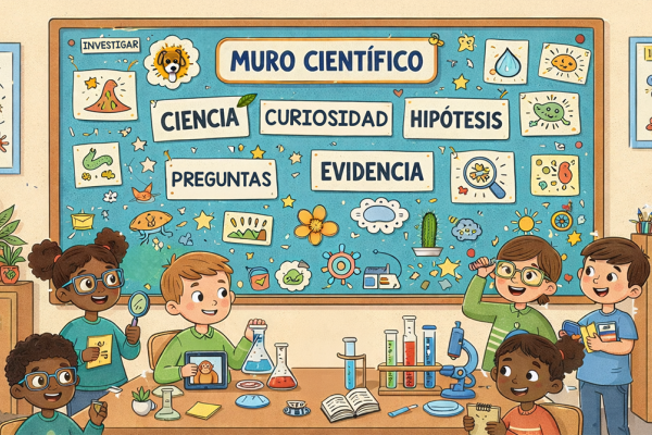 Estudiantes indagando temáticas científicas y confeccionando una cartelera alusiva.