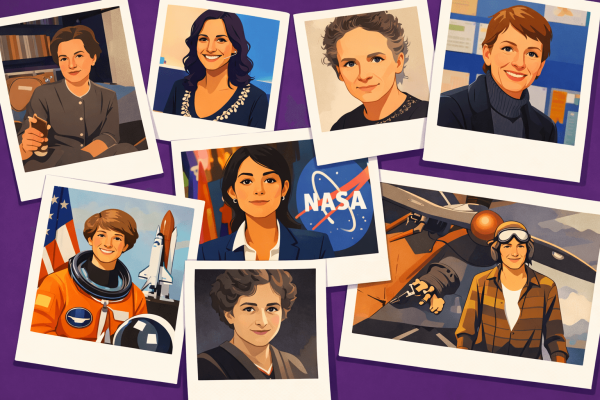 Collage de fotos de mujeres científicas destacadas. Estilo ilustrado.