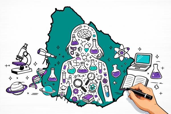 Ilustración de una silueta de mujer con elementos científicos estilo Draw my life, con un contorno de Uruguay detrás.