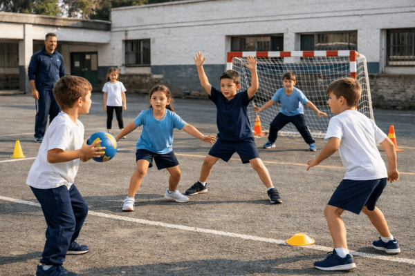 Niños y niñas juegan mini-hándbol en el patio de una escuela durante una clase de Educación Física, organizados en un juego 4 contra 4 con arquero mientras el docente observa.
