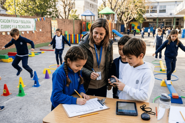 Fotografía de estudiantes de primaria registrando datos corporales con apoyo docente en un patio escolar, mientras otros realizan un circuito motriz, integrando educación física, biología y tecnología.