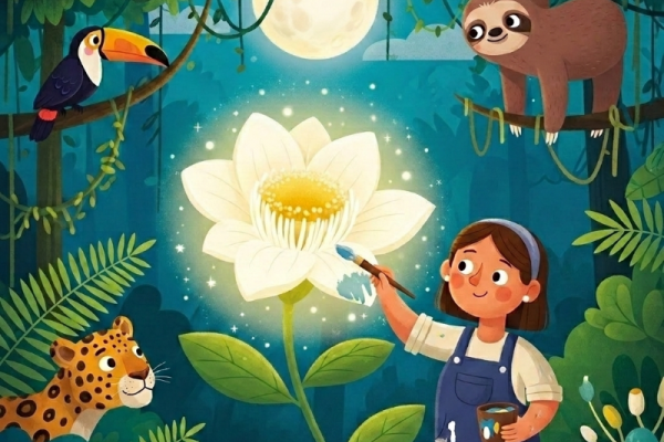 niña pintando una flor blanca
