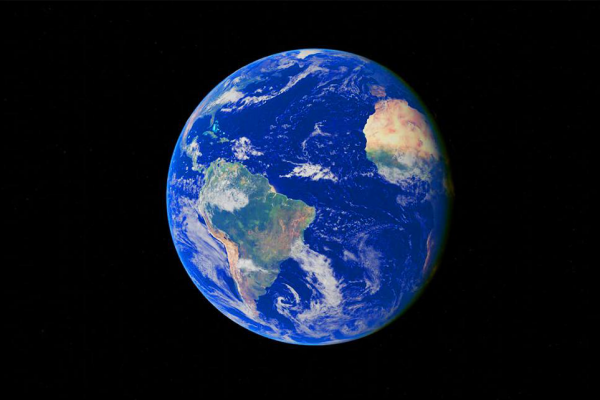 El planeta Tierra visto desde el espacio, enfocando en América del Sur y el Océano Atlántico.