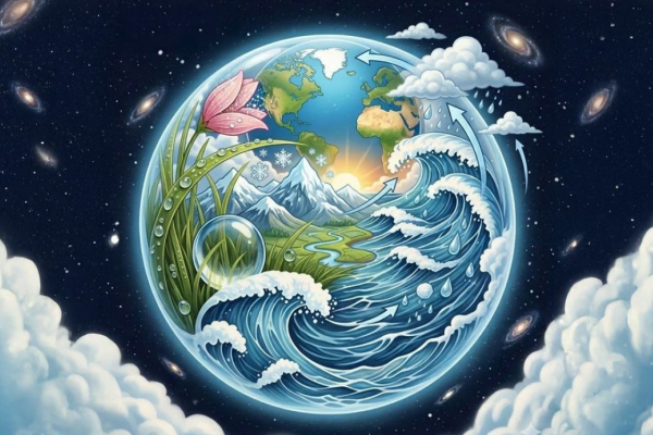 Ilustración de una esfera de agua con diversidad de elementos, simulando el planeta Tierra visto desde el espacio.