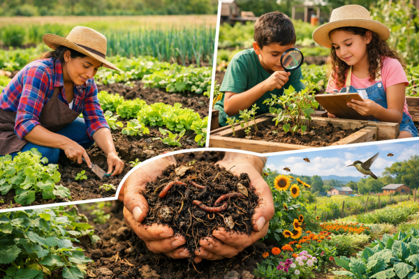 mujer cultivando, un niño y una niña investigando los cultivos con lupa y tablet. Dos manos juntas con tierra y lombrices.