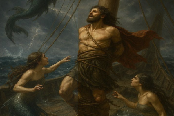 "Odiseo atado al mástil de su barco resiste el canto de las sirenas, mientras criaturas aladas y marinas lo rodean en un mar tormentoso