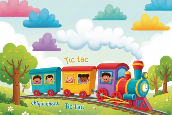 dibujo animado de un tren andando por una pradera