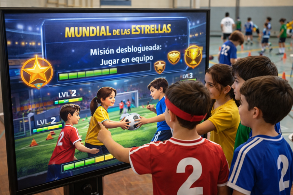 Grupo de estudiantes de primaria en un gimnasio escolar interactúan con una pantalla táctil grande que muestra el juego “Mundial de las Estrellas”. En la pantalla aparece la misión “Jugar en equipo” con barras de progreso y niveles, mientras los niños colaboran señalando y tomando decisiones juntos.