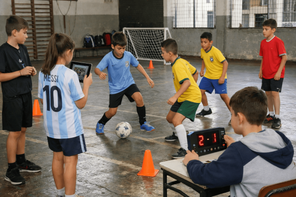 Grupo de niños en un gimnasio escolar jugando fútbol 3 contra 3 con camisetas de selecciones; algunos participan como árbitro, observador y camarógrafo con tablet, mientras otro registra el puntaje con una pequeña placa electrónica, en un ambiente de trabajo en equipo y aprendizaje activo.