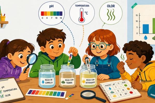 Niños y niñas alrededor de una mesa haciendo experimentos y graficando los datos.