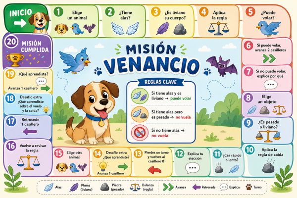 Tablero lúdico con diferentes consignas en cada casillero. Personajes destacados: un perro, u pájaro y un murciélago.