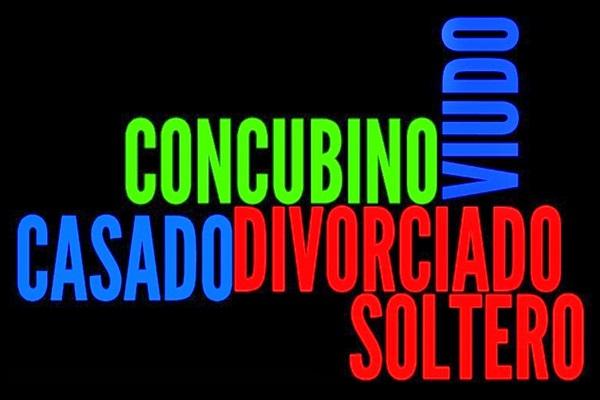 Imagen con las siguientes palabras: concubino, casado, divorciado, soltero. viudo.