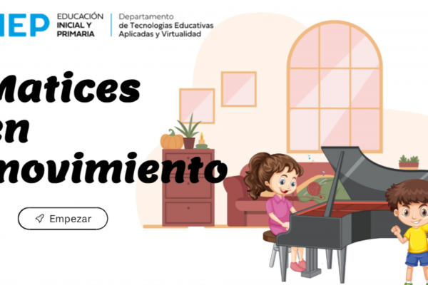 Portada de juego en Genially. Caricatura de dos niños con un piano