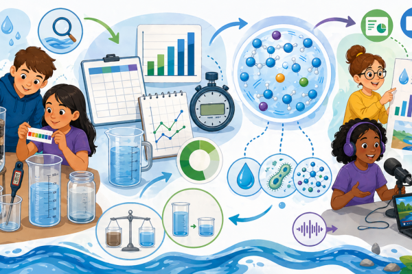 Niños y niñas investigando sobre la filtración del agua, midiendo la turbidez del agua, haciendo gráficos y comunicando lo aprendido.