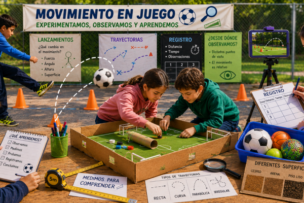 Niños experimentando: lanzamientos, construcción de mini canchas, mediciones, observación de trayectorias. Generada por IA