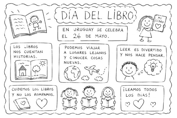 Imagen de una cartelera con textos y dibujos infantiles