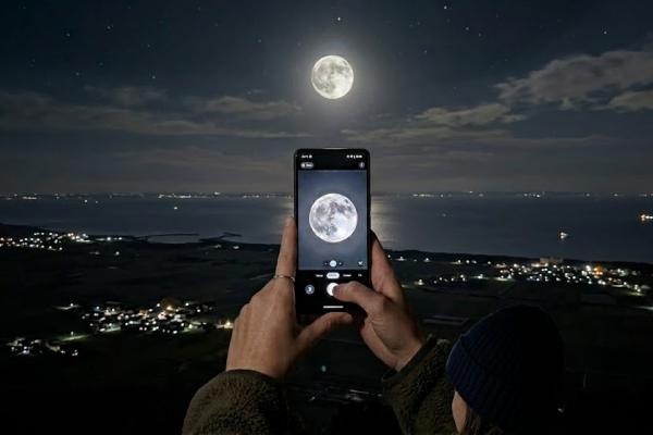 Una persona fotografía la Luna llena con su celular desde una vista nocturna elevada, con la ciudad iluminada y el cielo estrellado de fondo.