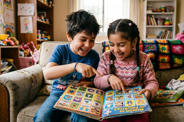 Una niña y un niño sentados en un sofá sonriendo y mirando un álbum de figuritas abierto. 