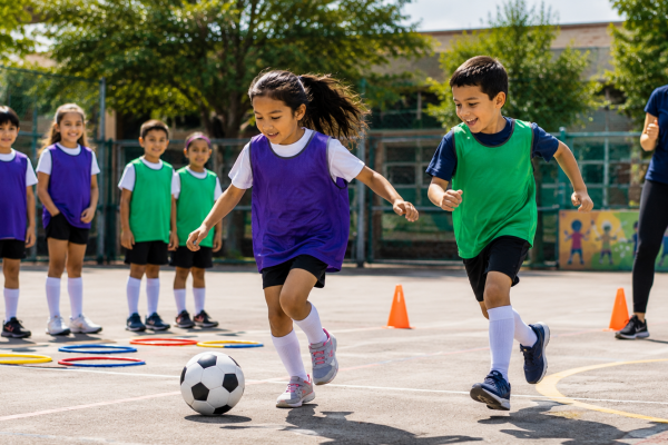 Grupo diverso de niños y niñas pequeños jugando al fútbol mixto en una cancha escolar. Una niña conduce la pelota mientras un niño corre a su lado animándola. Otros niños esperan junto a conos y aros, mientras una docente observa la actividad en un ambiente inclusivo y colaborativo.