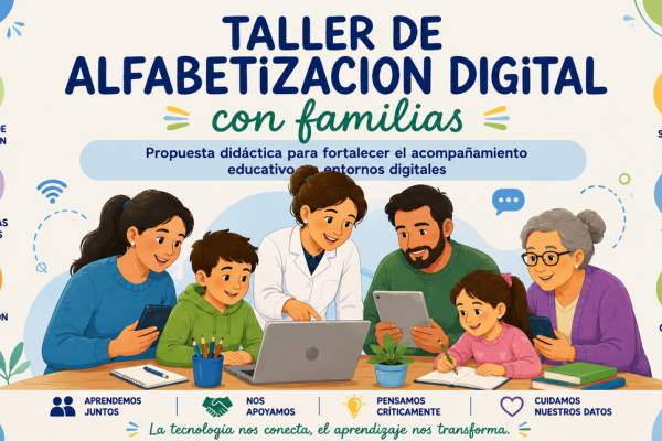 Maestra con familias alrededor enseñando a usar computadoras y tablets.