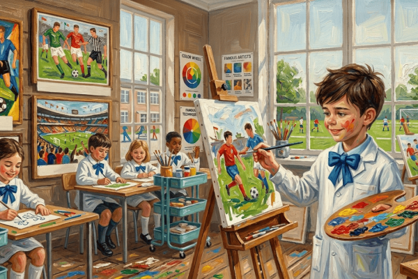 Imagen animada. Niños escolares pintan obras sobre fútbol en un salón de clase. 