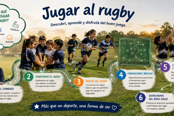Infografía educativa sobre rugby para niños y niñas, que muestra un recorrido visual desde las motivaciones para jugar, el aprendizaje de reglas y formaciones básicas, hasta la evaluación y el disfrute del juego en equipo.