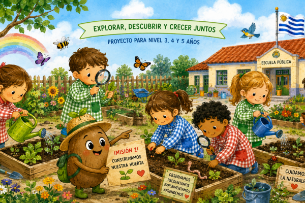 Niños y niñas en una huerta realizando observaciones y experimentando. A su lado un personaje con forma de semilla con una hoja de papel.